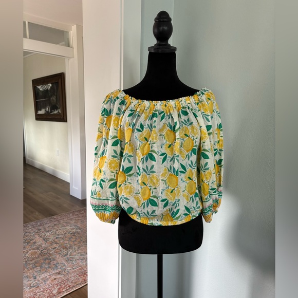C&C California NWT size small lemon print linen blend peasant top - Picture 2 of 8